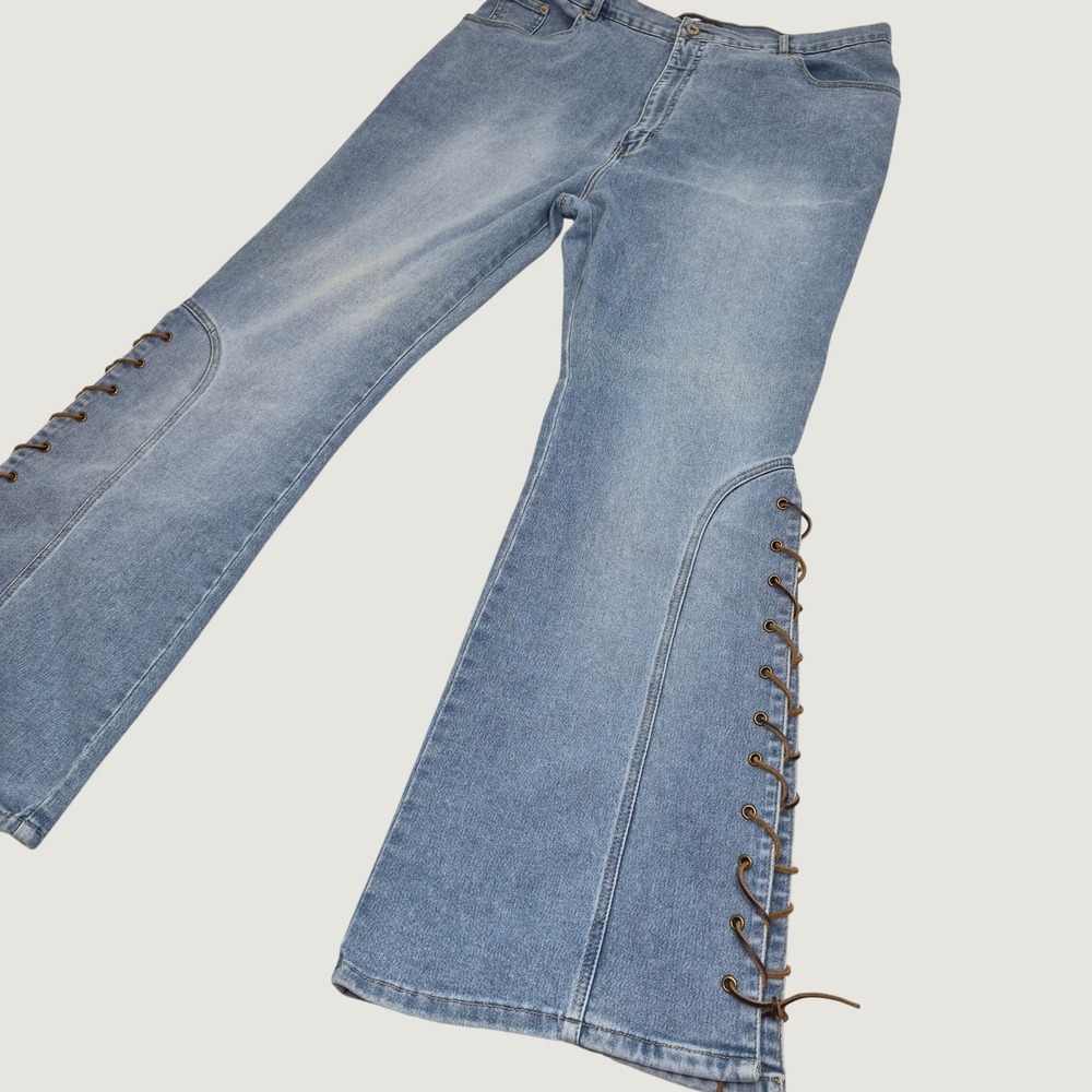 Vintage Lace Up Lazer Jeans Womens 22 (38) Light Wash Flare Denim Pants Plus